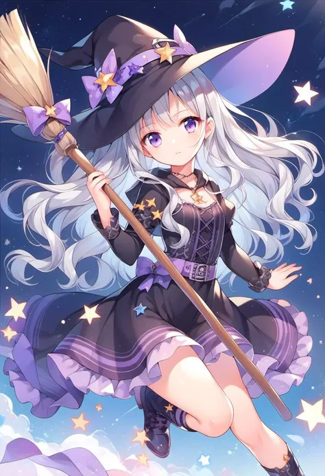 a girl in a witch costume holding a broom and a star