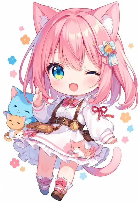 score_9, score_8_up, score_7_up, source_anime, (chibi), cat ears,wink, pink hair, simple background