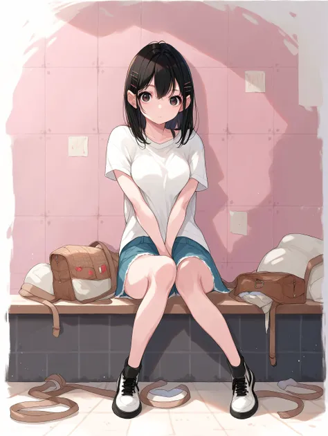 anime girl sitting on a bench with her legs crossed