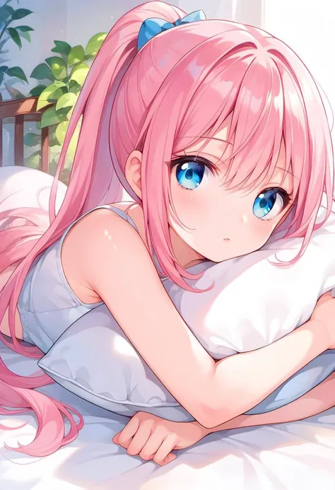 anime girl laying on bed with pink hair and blue eyes