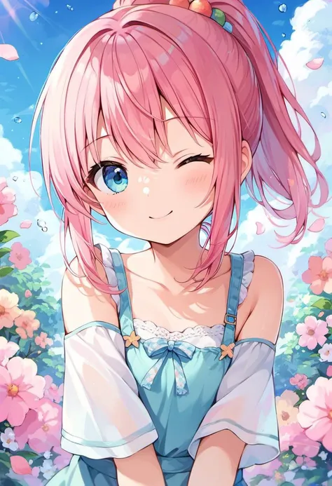 a girl with pink hair and blue eyes sitting in a field of flowers