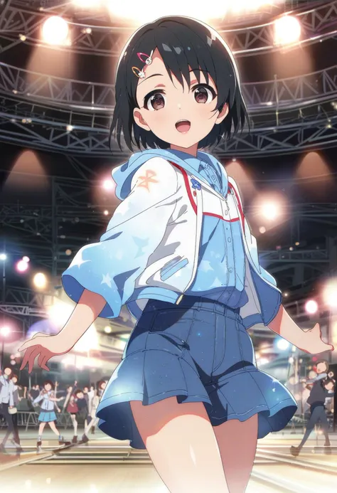 anime girl in a blue dress and white shirt standing in front of a crowd