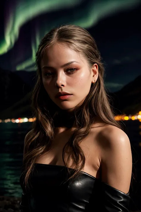 ornella_muti_1980,award-winning close up photo of a young  woman, sexy outfit, strait very long hair, at fjord in Norway with northern lights  in the background,  Hue, spotlight masterpiece, realistic, award winning, volumetric light and fog, subsurface sc...