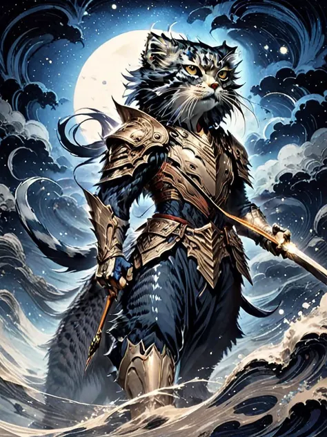 full-body, s4s the Pallass cat, anthropomorphic cat ninja, there is a cat with a fish and a sword on a galaxy background, samurai cat, cat warrior, armoured cat, samurai deity with koi armor, by Kanu014d Tanyu016b, highly detailed and colored, in the art s...