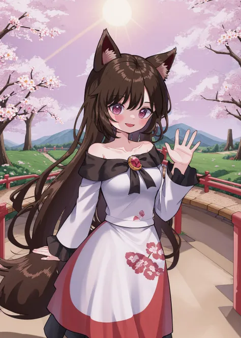 imaizumi kagerou, multicolored dress, brown hair, wolf ears, 1girl, breasts, brooch, collarbone, flower, long sleeves, looking at viewer, medium breasts, off shoulder, red eyes, solo, wolf tail, smile, waving
BREAK
sakura trees, sakura leeves, standing on ...