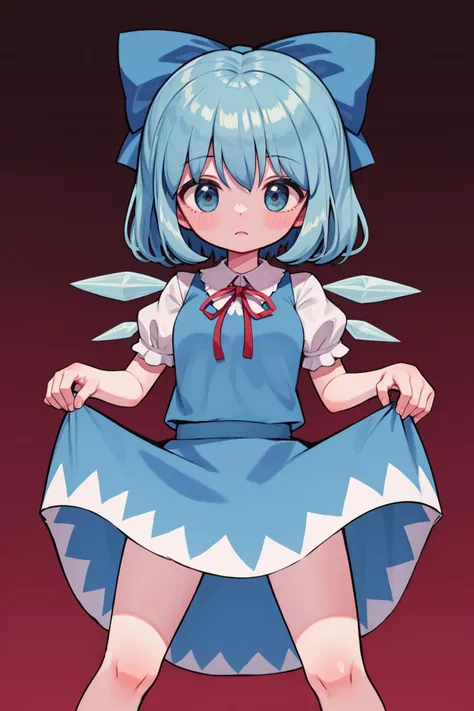 best quality, 1girl, solo, cirno, cowboy shot, skirt lift, lifted lifted by self 
<lora:dusty_dream_v1-000015-32rank:1>