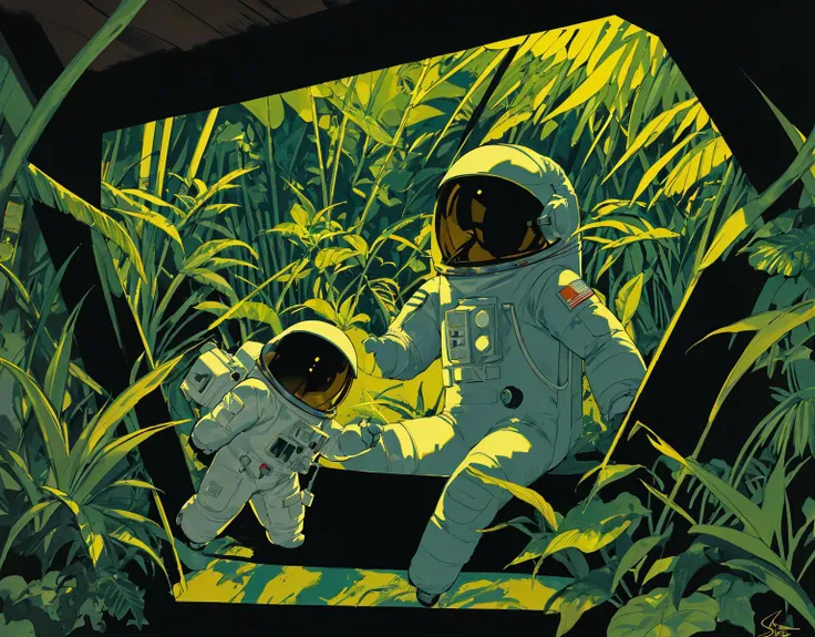 astronauts in a field of tall grass with a bright green background