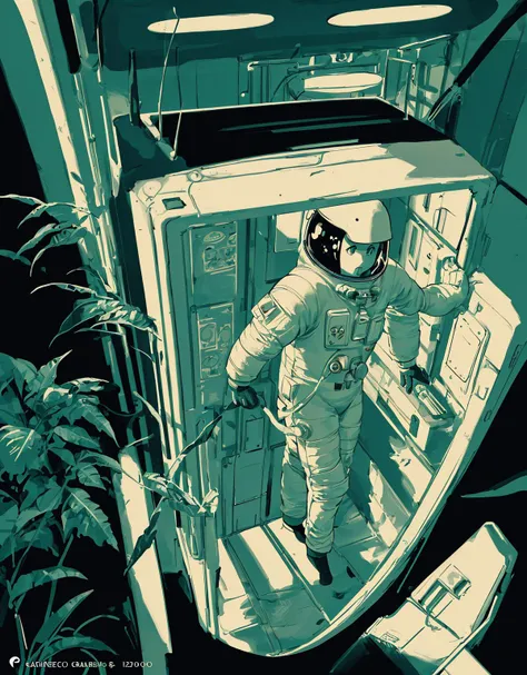 astronaut in a space station with plants and a window