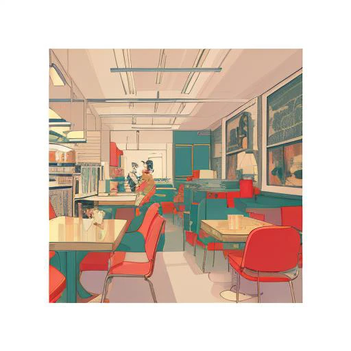 there is a drawing of a diner with red chairs and a table