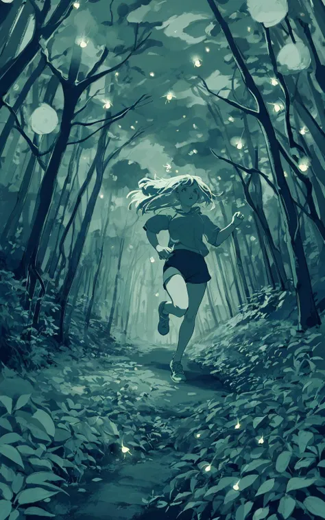 there is a man running through a forest with an umbrella