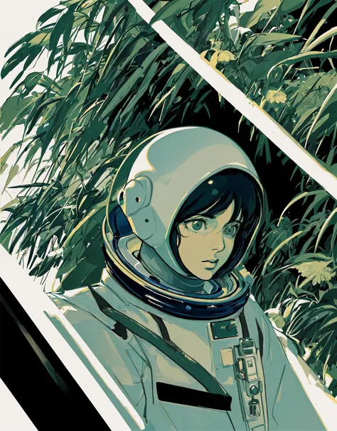 anime art of a woman in a space suit standing in front of a bamboo tree