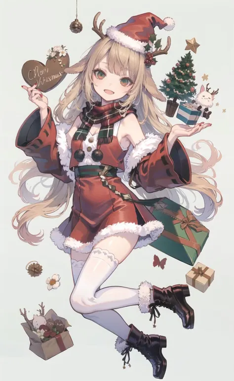 aruheitou,((too many flowers, )),flying butterfly,legs up,Cadet,1girl,golden hair,:d,long hair,food,cookie,christmas,reindeer,nail polish,solo,fur trim,scarf,christmas tree,gift,animal ears,checkerboard cookie,bow,sack,braid,gingerbread man,green backgroun...