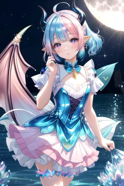 professional image of a cute young woman, (frilly elegant glossy dark holographic dress, moon brooch, moon earrings, moon accessories:1.2),
(blue water dragon horns, blue water dragon tail:1.3), (short hair, side ponytail, hair above cheeks, light blue hai...