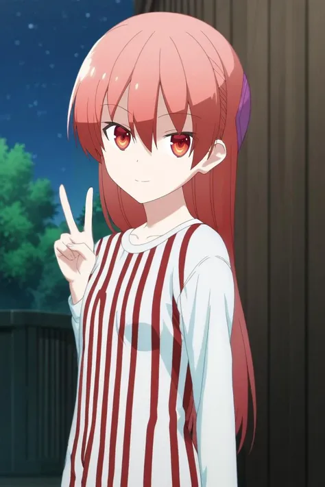 a woman with long red hair and a striped shirt is making a peace sign