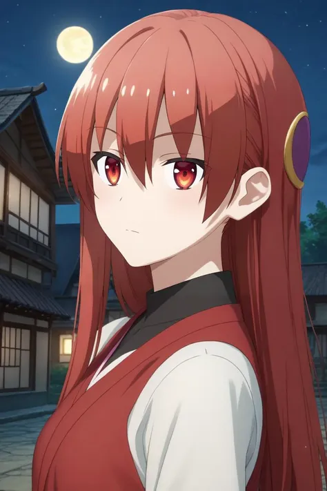 a woman with long red hair and red eyes standing in front of a building