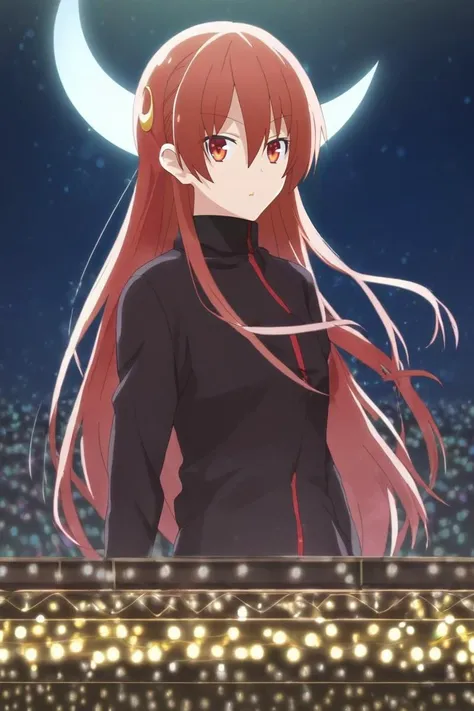 a girl with long red hair standing in front of a full moon