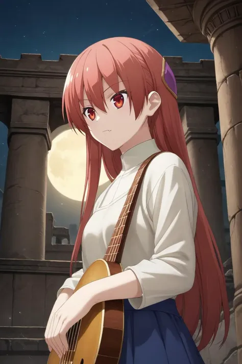 a woman with long red hair holding a guitar in front of a building