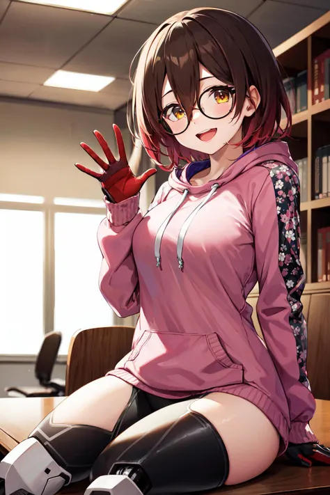 masterpiece, best quality, highres, aaroboco, android, short hair, hair between eyes, gradient hair, glasses, mechanical arms, mechanical legs, hood, hood down, pink hoodie, long sleeves, gloves, <lora:roboco-san_v1:0.8>, waving, sitting, smile, open mouth...