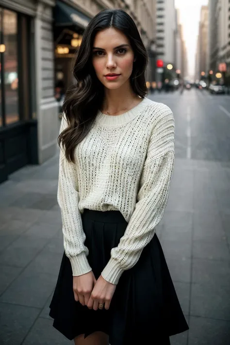 photo of beautiful (D4n14l4Ru4h-135:0.99), a woman, perfect hair, (modern photo), wearing a (long sleeved sweater:1.2) and long skirt with jewelry, portrait, 85mm, (analog, cinematic, film grain:1.3), (AR City, Augmented reality city with interactive holog...