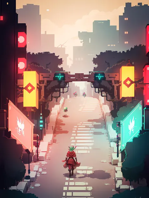 fantasy, medieval, <lora:Hyper Diffusion:0.7> (elf girl in red summer dress:1.4) walking through the streets of [:tokyo:trees:0.5], bright daylight, busy street, volumetric lighting, neon pastel colors, in hld style