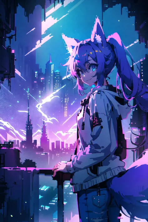 anime girl with a cat ears standing in front of a city