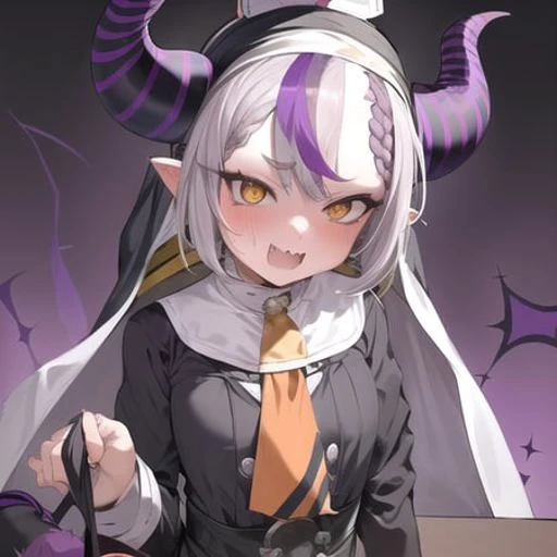 masterpiece, best quality, 1girl,  bangs, blush, braid, demon horns, fang, grey hair, hair between eyes, horns, la+ darknesss, multicolored hair, pointy ears, purple hair,  solo, streaked hair, striped horns, yellow eyes,(nun dress:1.3)),(((baby face,)))<l...