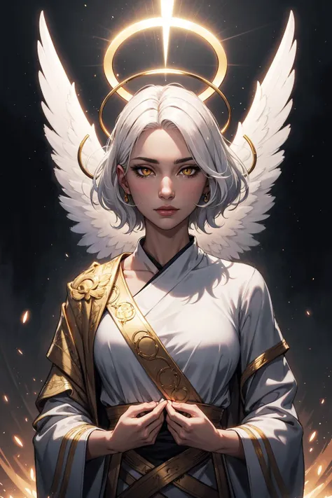 a woman with white hair and angel wings standing in front of a dark background