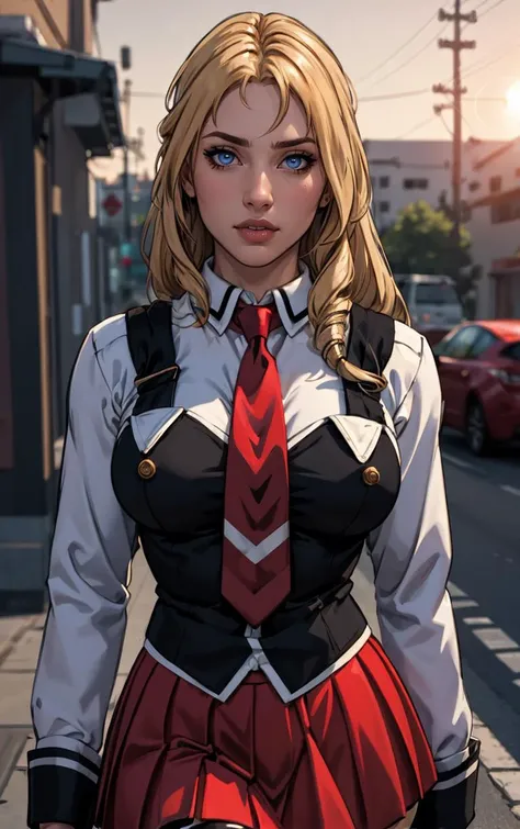 anime girl in uniform walking down the street with a red tie