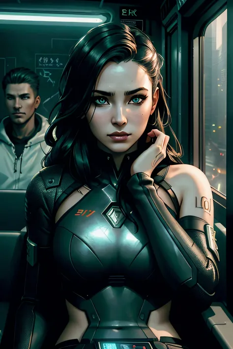 lone woman sitting in a graffiti covered subway car, hyper realistic vfx cinematic of android woman, half of its face wearing cyberpunk style, futuristic, natural skin, make-up, dynamic hair, close-up, dynamic pose, dynamic clothes, hyper detailed, perfect...