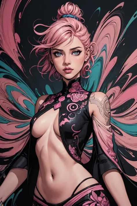 (masterpiece, highest quality, illustration), comics style, 8k wallpaper, close-up, solo, woman, short pink hair, hair updo, grey, small breasts, navel, surreal, swirl, paint intricate pattern, vivid, vibrant colors, abstract, cinematic lighting, facing th...