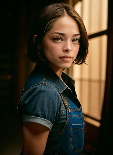 portrait of Kristin Kreuk, pained , wearing overalls , with black Lob (long bob) , background colosseum epic (photo, studio lighting, hard light, sony a7, 50 mm, matte skin, pores, colors, hyperdetailed, hyperrealistic), <lyco:Kristin Kreuk:1.1>