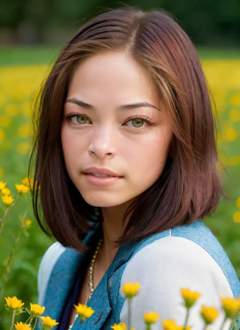 portrait of Kristin Kreuk, happiness , wearing tailored , with light brown Lob (long bob) , background field of flowers epic (photo, studio lighting, hard light, sony a7, 50 mm, matte skin, pores, colors, hyperdetailed, hyperrealistic), <lyco:Kristin Kreuk...