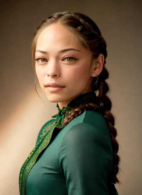 portrait of Kristin Kreuk, scared , wearing haute couture garments , with titian Fishtail braid , background roman city epic (photo, studio lighting, hard light, sony a7, 50 mm, matte skin, pores, colors, hyperdetailed, hyperrealistic), <lyco:Kristin Kreuk...