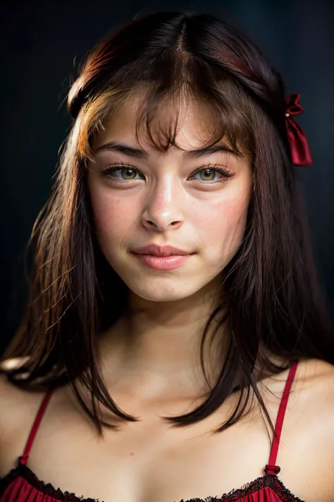 portrait of skswoman, embarrassed , wearing nightwear , with red Wispy bangs , background roman city epic (photo, studio lighting, hard light, sony a7, 50 mm, matte skin, pores, colors, hyperdetailed, hyperrealistic), <lyco:Kristin KreukV2:1.2>