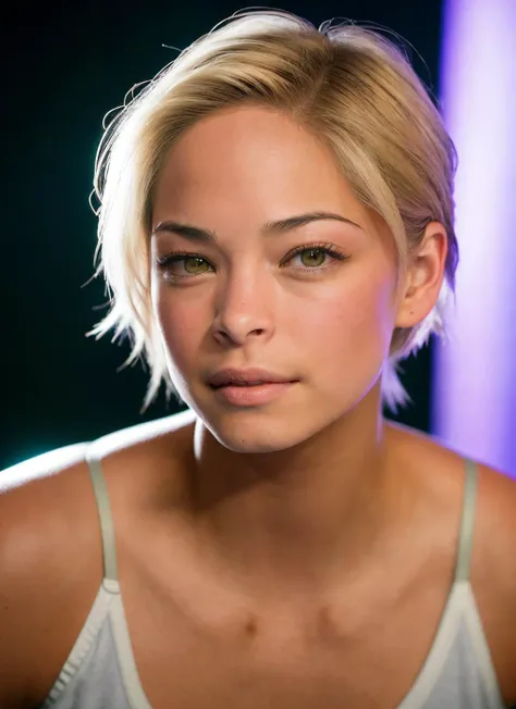 portrait of Kristin Kreuk, pained , wearing nightwear , with platinum blonde Pixie cut , background space station epic (photo, studio lighting, hard light, sony a7, 50 mm, matte skin, pores, colors, hyperdetailed, hyperrealistic), <lyco:Kristin Kreuk:1.1>