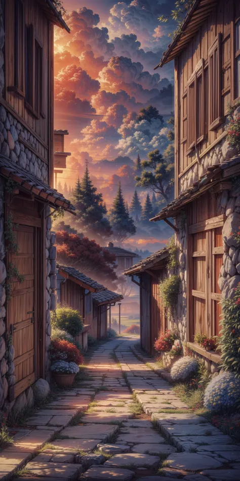 a painting of a street with a stone path and houses