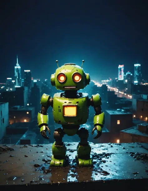 yikes!, an image of a cute and friendly robot with organic shape, in a futuristic roof top, night city with lot of neon lights on background, disney pixar character style, front view, octane render, hyper quality, Ultra HD, 8K