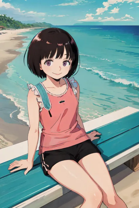 (masterpiece, best quality;1.3), extremely detailed , takagi1, pov, 1girl,   looking at viewer, black hair, short hair,purple eyes, 
 blue frilled swimsuits, smile,emblem,short black shorts,
beach side,  <lora:Amatori_Chika:1>