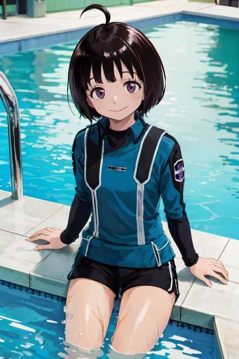 (masterpiece, best quality;1.3), extremely detailed , takagi1, pov, 1girl,   looking at viewer, black hair, short hair,purple eyes, swimming,
 blue frilled swimsuits, smile,emblem,short black shorts, from above,ahoge, 
pool   <lora:Amatori_Chika:1>