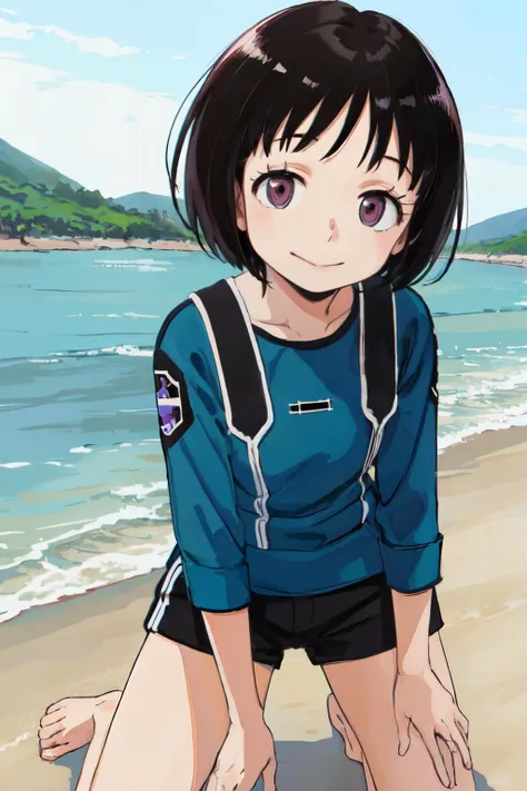 (masterpiece, best quality;1.3), extremely detailed , takagi1, pov, 1girl,   looking at viewer, black hair, short hair,purple eyes, kneeling, facial close-up,
 blue frilled swimsuits, smile,emblem,short black shorts,
beach side,  <lora:Amatori_Chika:1>