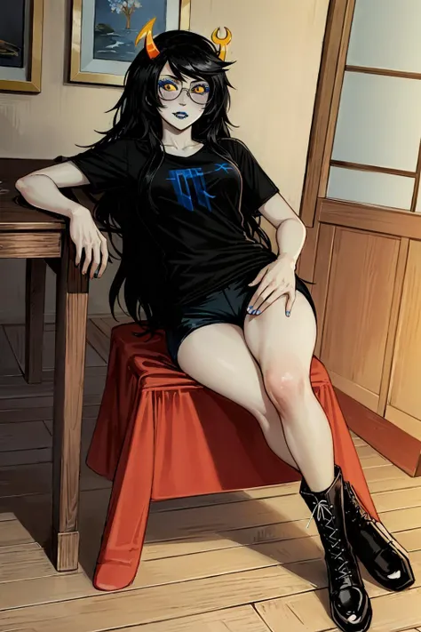 ((masterpiece)), ((best quality)), 1girl, vriska, black hair, long hair, horns, yellow sclera, glasses, grey skin, colored skin, makeup, lipstick, sharp teeths, blush, medium breasts, t-shirt, shorts, black boots, table, room, leaning on the table, <lora:V...