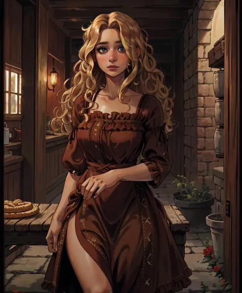 a painting of a woman in a brown dress standing in a doorway