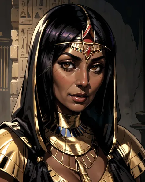 a close up of a woman in a gold outfit with a black headdress