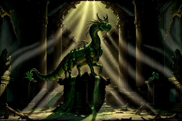 a green dragon standing on a pedestal in a dark room