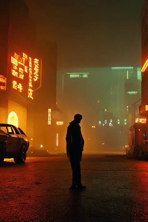 nighttime scene of a man standing in the middle of a city street