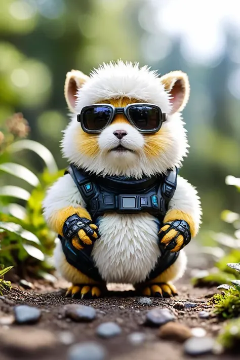 a close up of a stuffed animal wearing sunglasses on a dirt ground