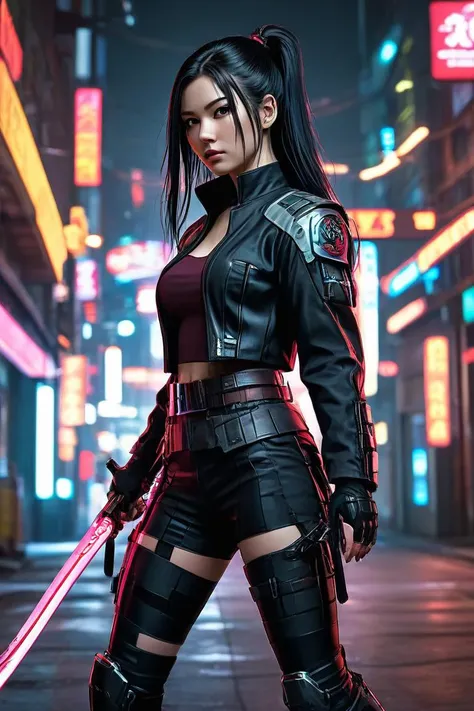 a woman in a black outfit holding a sword in a city