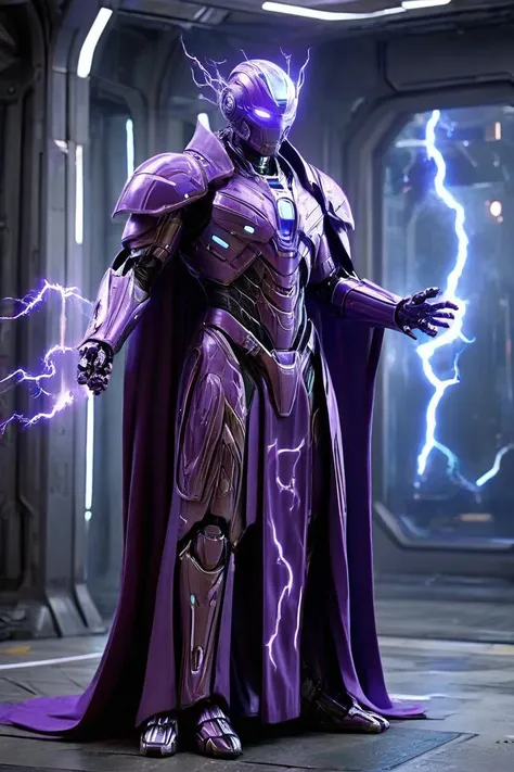 a fullbody shot of a purple fantasy Robot wearing robe, casting lightning magic spells, futuristic spacestation in background, HKMagic, HD, masterpiece, best quality, hyper detailed, ultra detailed, super realistic