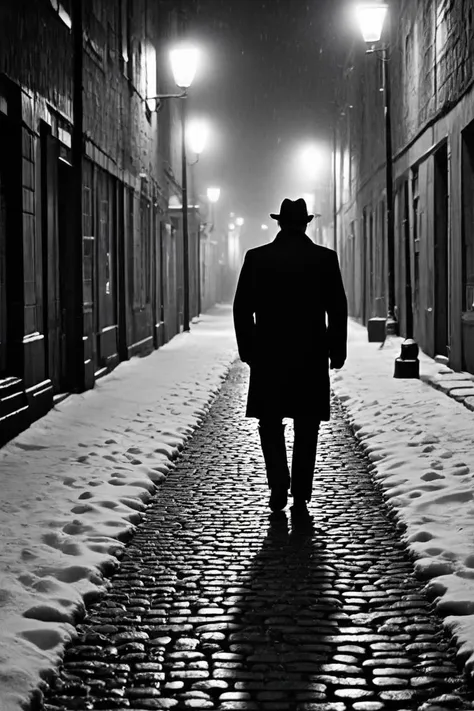 arafed man walking down a snowy street at night