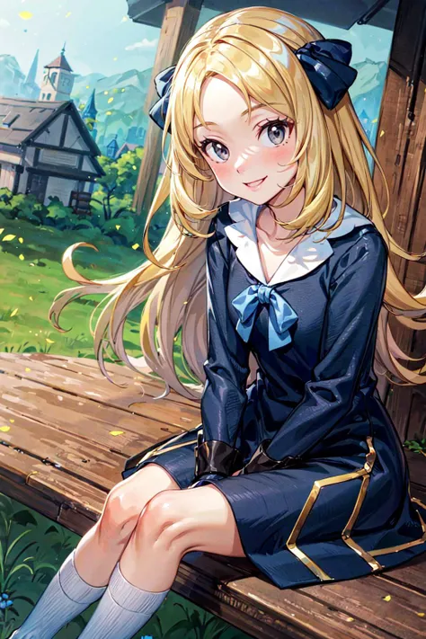 masterpiece,best quality,1girl,CythiaYoung,blonde hair,bangs,forehead,curly hair,grey eyes,long sleeves,dress,blue dress,bow,blue bow,socks,black ribbon,neck ribbon,blue ribbon,sitting,light smile,looking at viewer,town,outdoors,dutch angle,<lora:Concept-c...